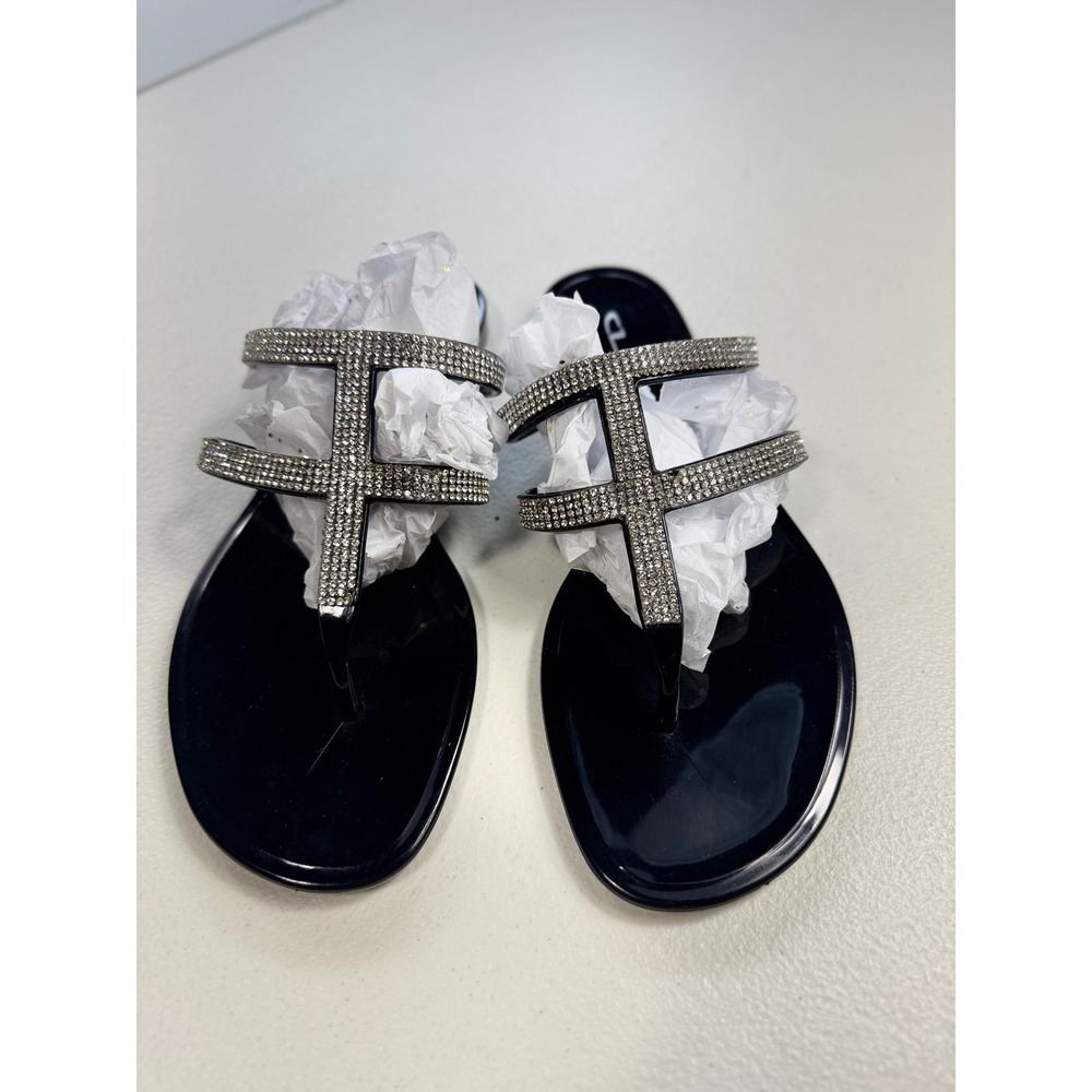 Rhinestone‎ Thong Sandals Women's Black Jelly Slides Casual Sparkle Summer